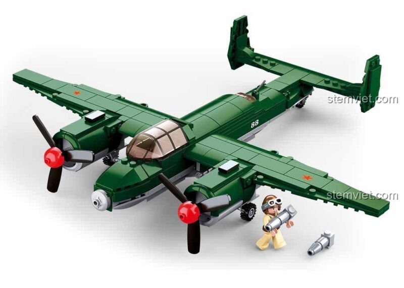 Đồ chơi mô hình Sluban M38-B0688 Máy bay ném bom hạng trung TU-2, bộ đồ chơi quân sự cho bé trai 6 tuổi, chất lượng cao.