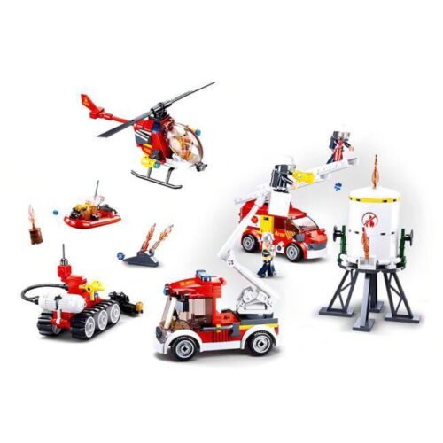 Toàn bộ 8 mô hình trong bộ lắp ráp Đội cứu hỏa tiên phong Sluban M38-B0811, đồ chơi cho bé trai 6 tuổi.