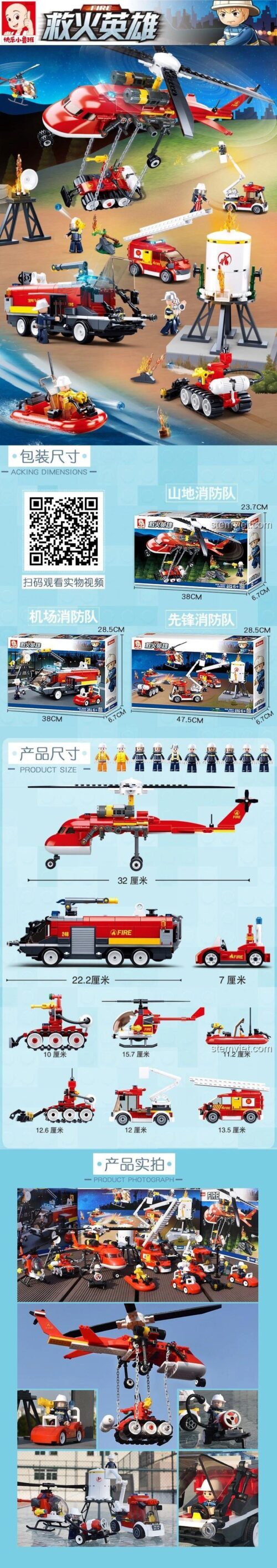 Chi tiết kích thước các mô hình xe cứu hỏa M38B0811 và trực thăng cứu hỏa. Đồ chơi xếp hình Sluban chất lượng cao.