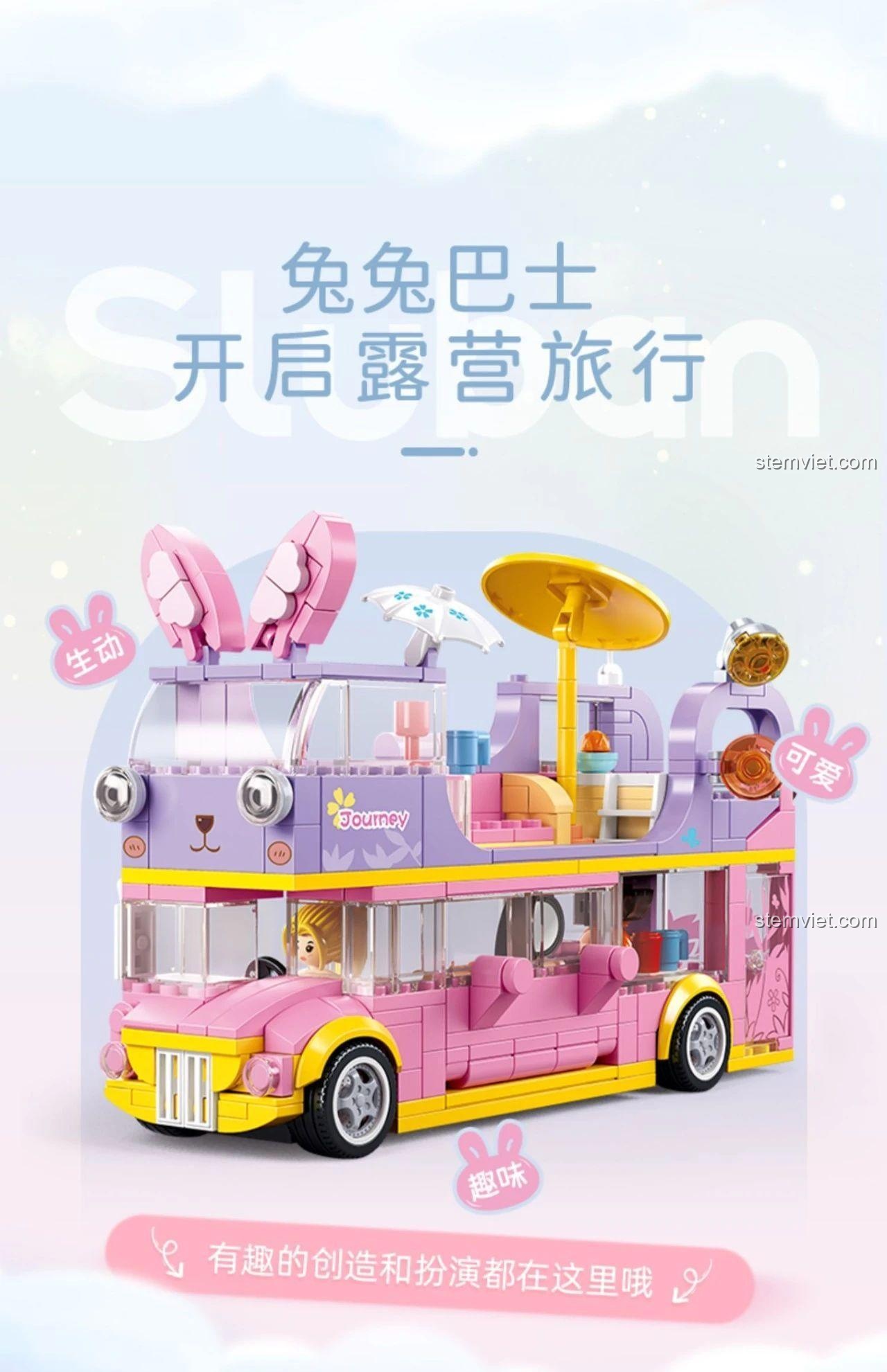 Đồ chơi lắp ráp Sluban M38-B1165 Xe Buýt Du Lịch, xe buýt thỏ hồng cắm trại, giúp bé phát triển tư duy.