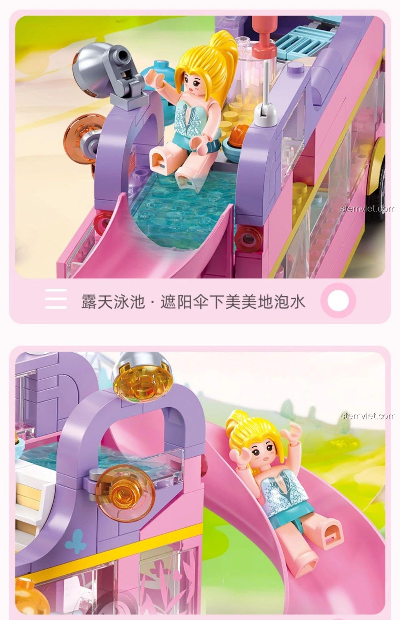 Đồ chơi lắp ráp Sluban M38-B1165 Xe Buýt Cắm Trại với hồ bơi di động và cầu trượt, mang lại trải nghiệm vui vẻ.