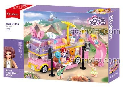Hộp bộ xếp hình Sluban M38-B1165 Xe Buýt Thỏ Hồng Tiệc Tùng Cắm Trại, đồ chơi mô hình cho bé gái 6 tuổi, chất lượng cao.