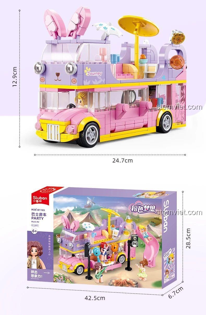 Kích thước mô hình Sluban M38-B1165 Xe Buýt Cắm Trại và kích thước hộp, đồ chơi lắp ráp cho bé gái.
