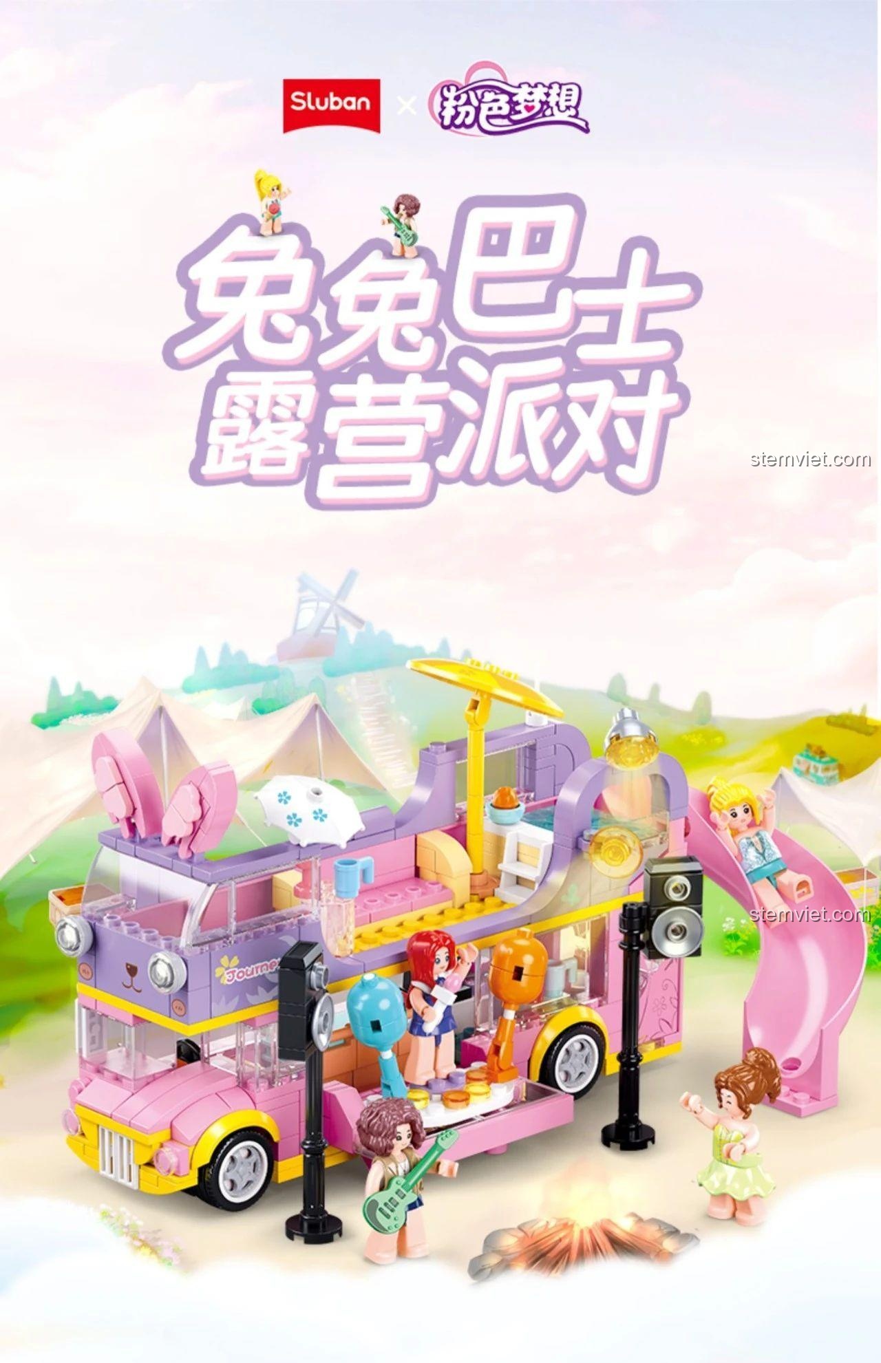 Bộ lắp ghép Sluban M38-B1165 Xe Buýt Thỏ Hồng, đồ chơi lắp ráp sáng tạo cho bé gái, giá rẻ.