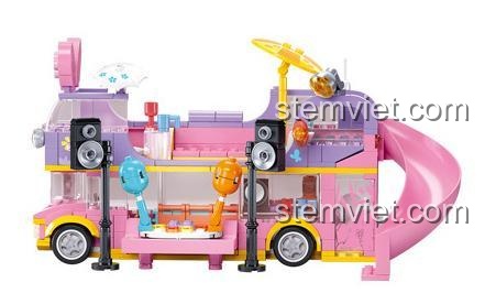Đồ chơi lắp ráp Sluban M38-B1165 Xe Buýt Cắm Trại với tính năng biến hình thành sân khấu ca nhạc và hồ bơi di động, phù hợp bé gái.
