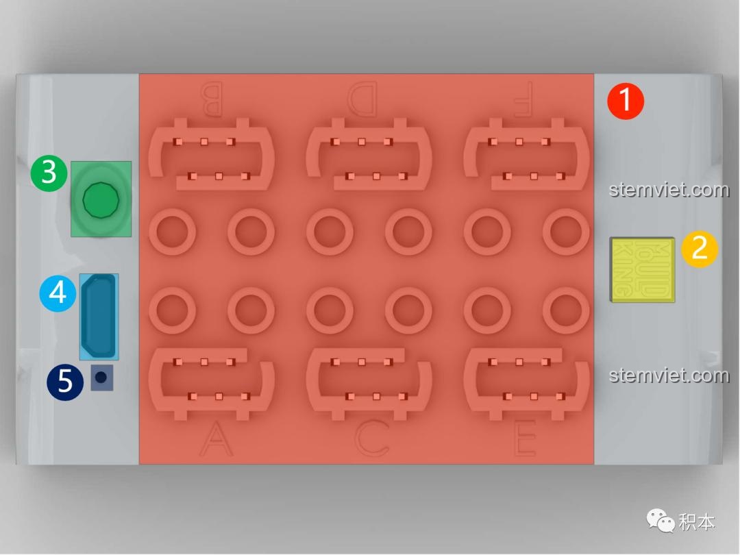 Sơ đồ chi tiết các cổng kết nối trên bộ module nguồn 6 kênh M-0019, bao gồm cổng sạc, đèn báo và công tắc nguồn.