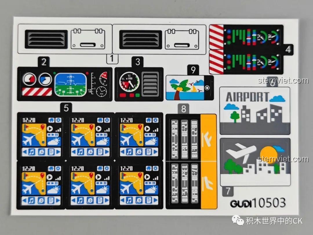 Tấm sticker đi kèm bộ lắp ghép Máy bay chở khách Gudi Air 777, gồm các chi tiết bảng điều khiển, logo, bảng thông báo.