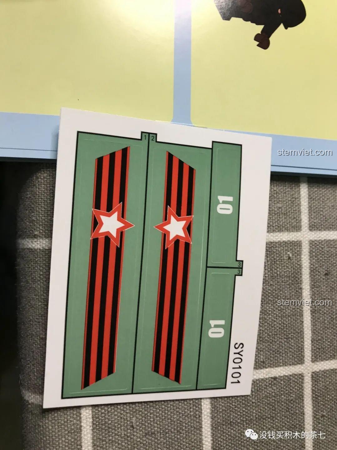 Tờ decal dán trang trí cho mô hình xe tăng Nga T-14 Jiazhi, bao gồm số hiệu và biểu tượng.