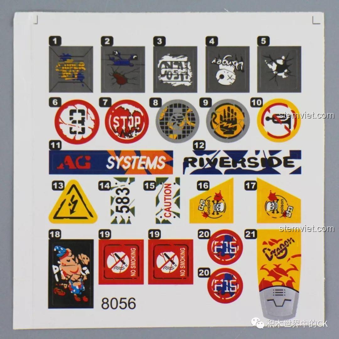 Tờ sticker đi kèm trong bộ Winner 8056 với nhiều họa tiết mang phong cách hậu tận thế.