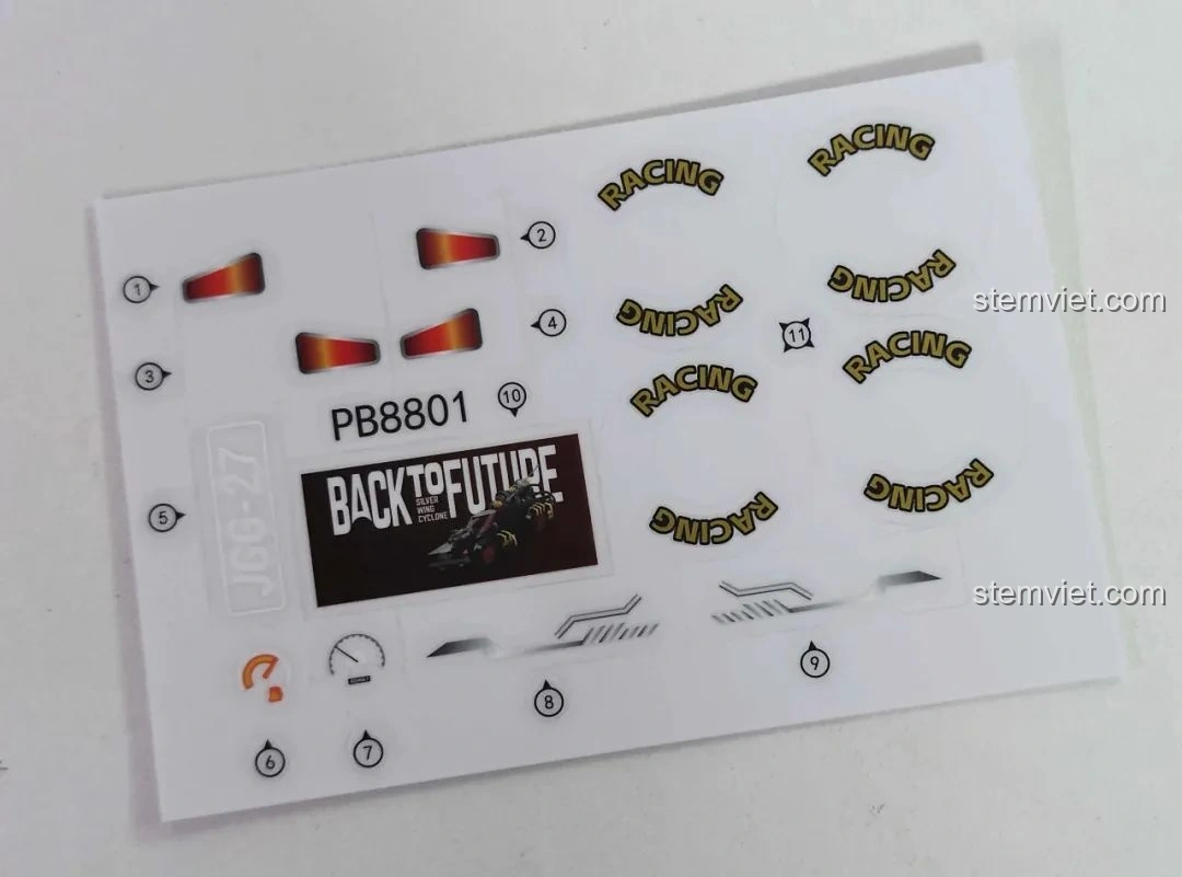 Tờ sticker UV đi kèm bộ lắp ráp Pinbo PB8801 Shadow Sprinter, bao gồm các chi tiết trang trí cho xe và logo.