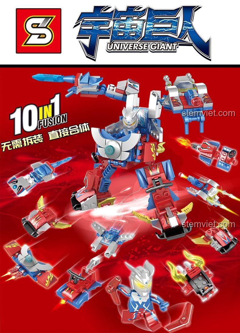 Ảnh hộp sản phẩm bộ đồ chơi SY 1119 Robot hợp thể 10 trong 1, có ghi rõ kích thước hộp 23.5cm x 14.3cm x 7.5cm và độ tuổi 6-12.