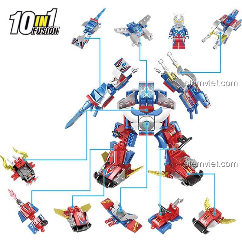 Chi tiết 4 trong 10 mẫu xe chiến đấu của bộ xếp hình Siêu nhân điện quang Ultraman 1119, màu sắc đỏ và xanh dương nổi bật, phù hợp cho bé trai.