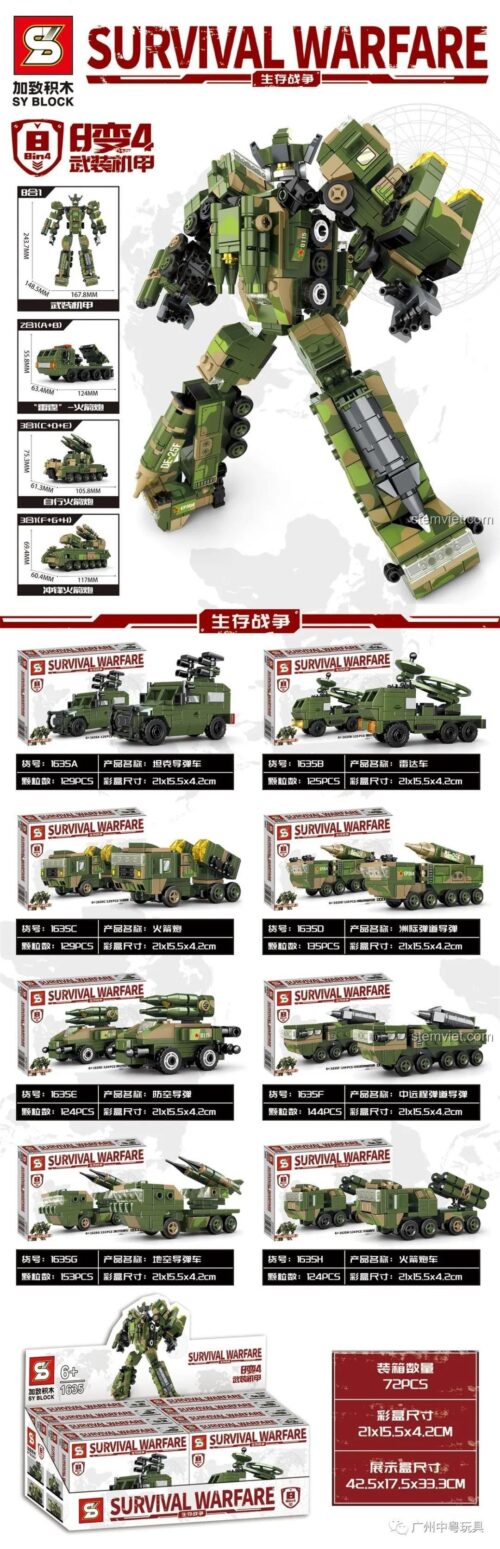 Hộp đồ chơi xây dựng Cơ giáp chiến đấu SY 1635A, mô hình xe quân sự biến hình với kích thước rõ ràng, phù hợp bé trai 6 tuổi.