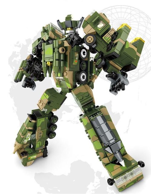 Hình ảnh chính bộ lắp ráp Robot biến hình quân sự SY 1635C, thể hiện robot chiến đấu Survival Warfare khổng lồ trong tư thế mạnh mẽ, màu xanh lá và nâu ngụy trang, phù hợp cho bé trai 6 tuổi yêu thích đồ chơi mô hình SY.