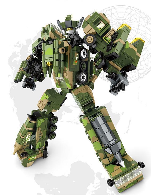 Hình ảnh chính bộ lắp ráp Robot biến hình quân sự SY 1635C, thể hiện robot chiến đấu Survival Warfare khổng lồ trong tư thế mạnh mẽ, màu xanh lá và nâu ngụy trang, phù hợp cho bé trai 6 tuổi yêu thích đồ chơi mô hình SY.