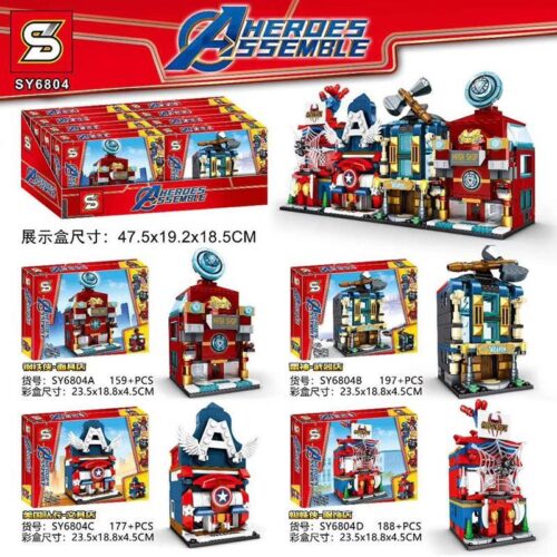 Bộ lắp ghép SY6804 Phố Siêu Anh Hùng Avengers Mini giá tốt cho bé trai 6 tuổi, bộ đồ chơi lắp ráp 721 mảnh ghép chất lượng cao, lắp được 5 kiểu.