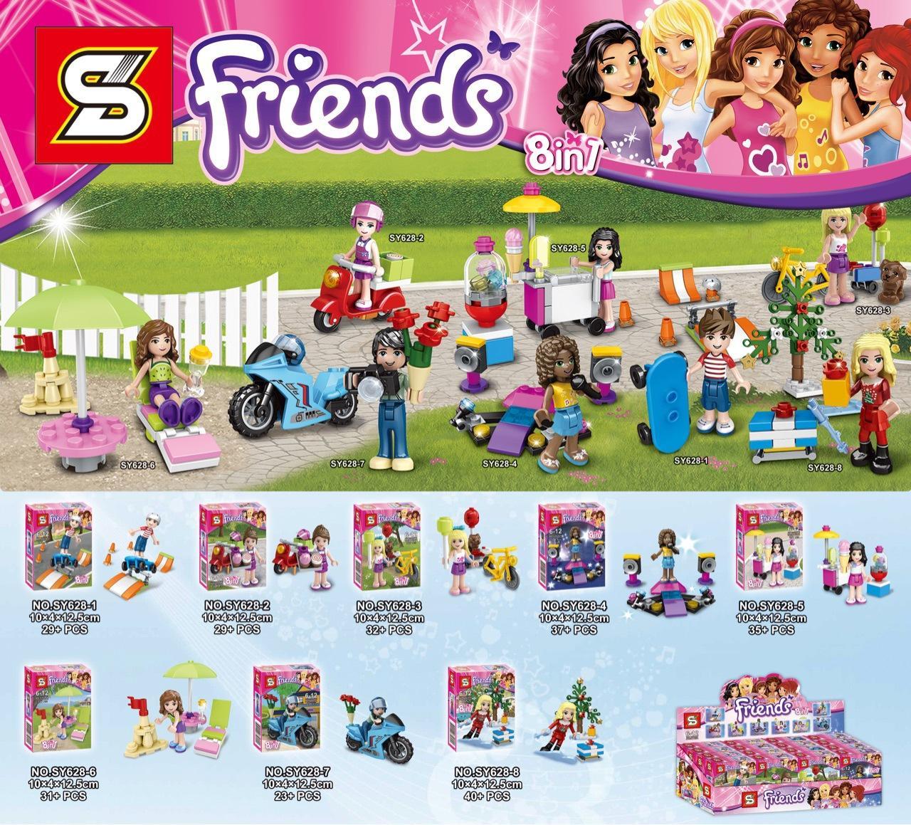 Bộ đồ chơi Friends 8in1 SY628-8, đồ chơi mô hình SY6288, cảnh bãi biển và xe máy, cho bé gái 6 tuổi.