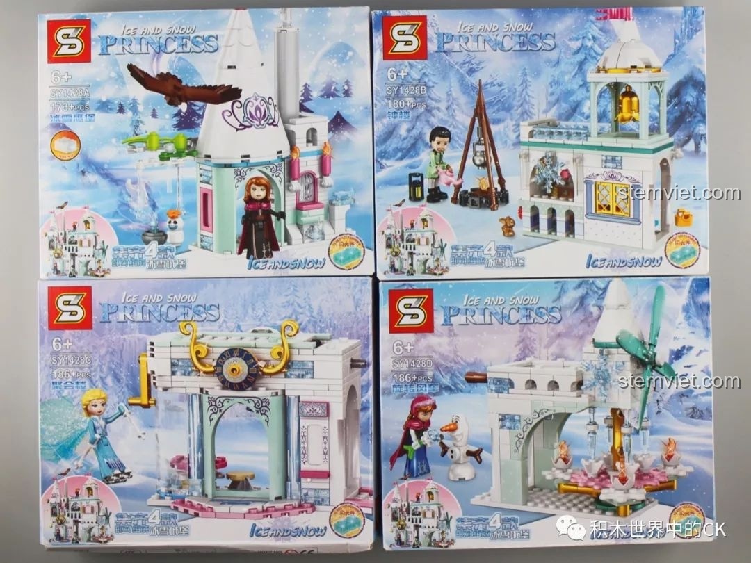 Bộ lắp ghép SY1428 Lâu đài Băng giá Công chúa Băng tuyết SY1428 với 4 hộp nhỏ riêng biệt, mỗi hộp là một phần của lâu đài lớn, rất tiện lợi cho bé gái.