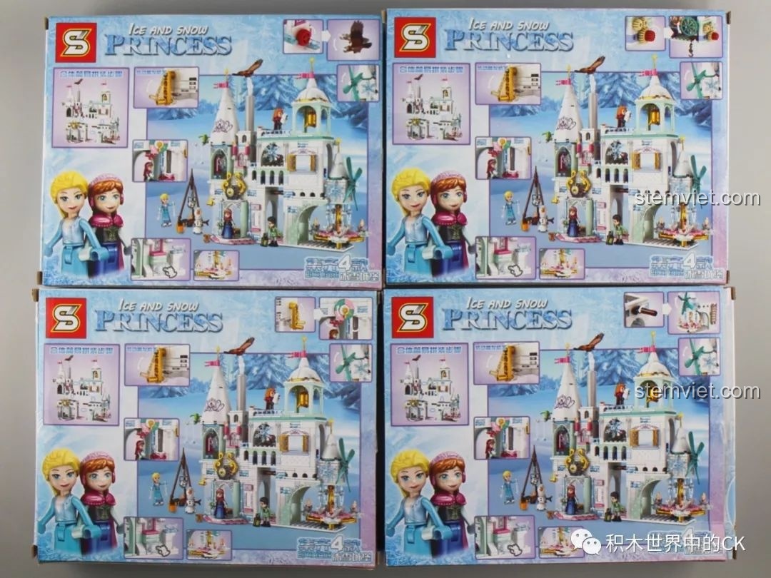 Hình ảnh tổng thể của bộ xếp hình Lâu đài Băng giá Công chúa tuyết SY1428 khi hoàn thành, hiển thị trên mặt sau hộp, giúp bé hình dung rõ ràng.