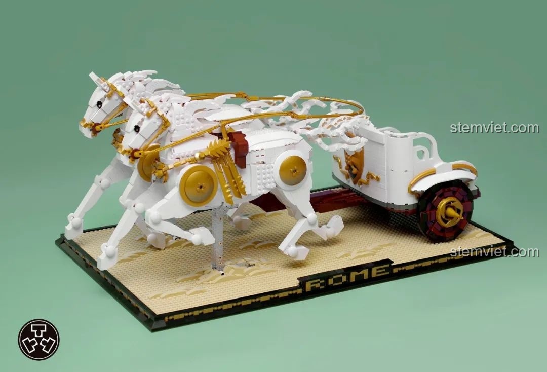 Tác phẩm MOC Cỗ xe La Mã của TuTuTu với hai con ngựa trắng đang tung vó kéo cỗ xe trên sa mạc.