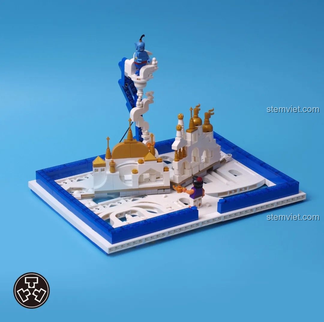 Tác phẩm MOC Sách pop-up Aladdin của TuTuTu, khi mở ra hiện lên cảnh Thần Đèn và cung điện Agrabah.