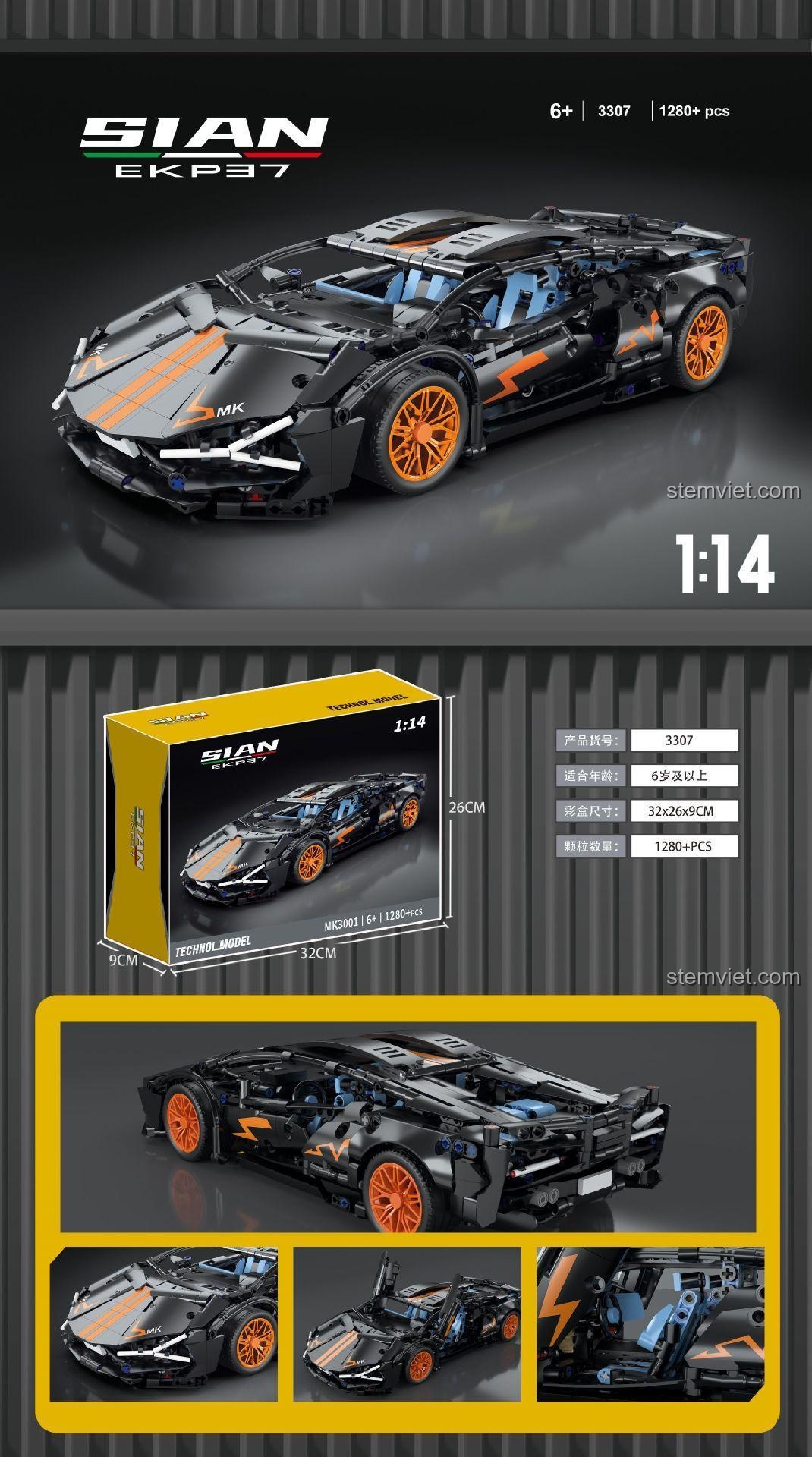 Mô hình Lamborghini Sián FKP 37 Technol Model 3307 với kích thước chi tiết, đồ chơi xây dựng Xe đua Lamborghini Sián điều khiển từ xa cho bé trai