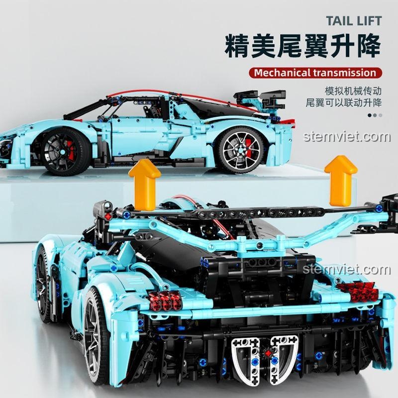 Tính năng cánh gió sau có thể nâng hạ của bộ xếp hình Tegao T5011 Siêu xe Hồng Kỳ S9, thể hiện cơ cấu truyền động cơ khí.