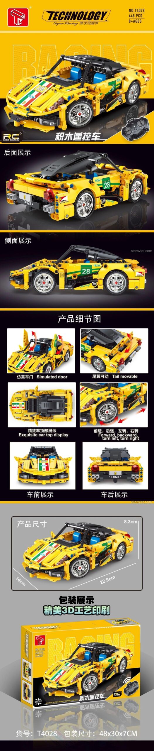 Chi tiết các tính năng của mô hình siêu xe tốc độ TGL 4028 màu vàng, có điều khiển từ xa, cửa mở được.