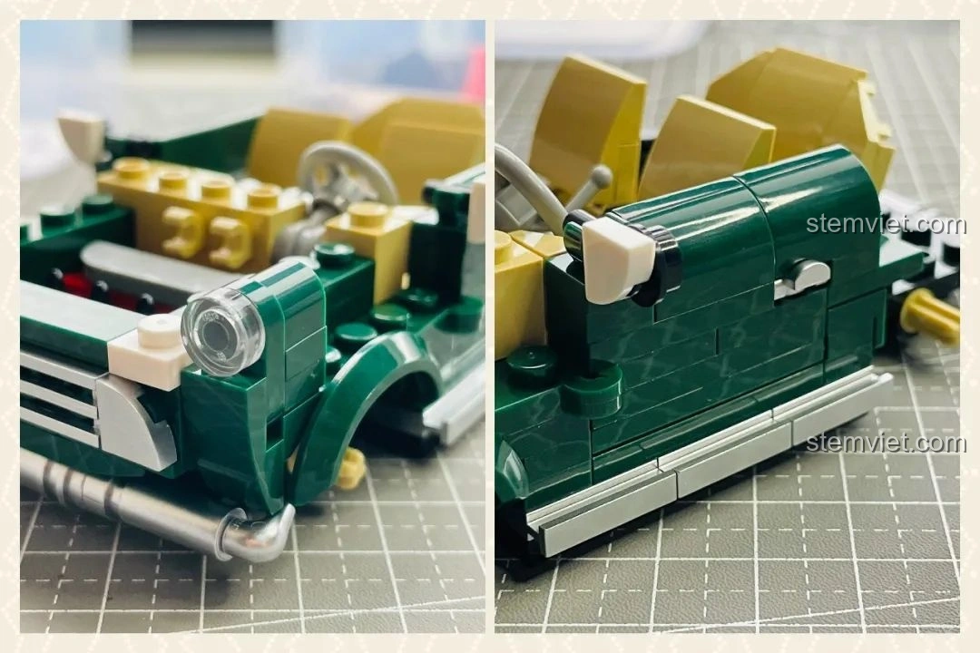 Thân xe của mô hình MINI Camper Power Block PB8804 đang được lắp ráp với các mảnh ghép màu xanh lá đặc trưng, hình dáng xe dần hiện rõ.