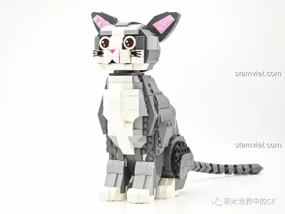 Thành phẩm hoàn chỉnh của bộ lắp ghép ZHEGAO DZ 6118 xịn giá rẻ, một chú mèo xám trắng ngồi ngay ngắn.