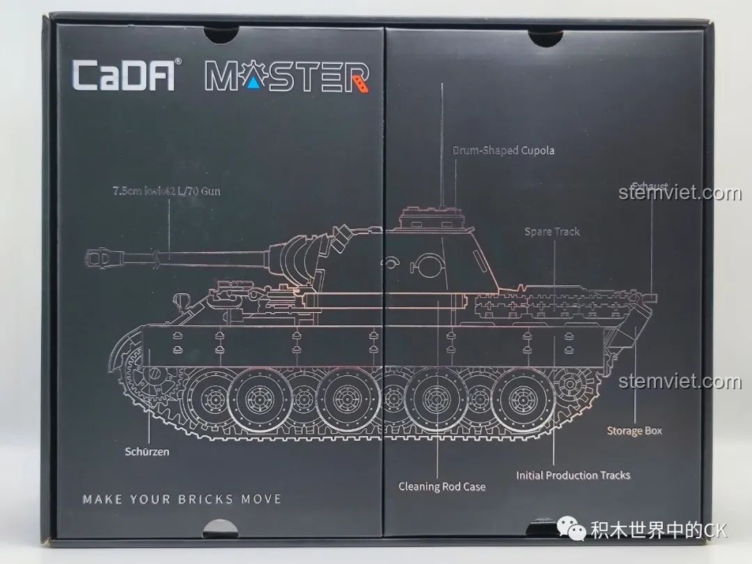Thiết kế hộp trong của bộ lắp ráp CaDA C61073 với artwork sơ đồ kỹ thuật xe tăng Panther V.