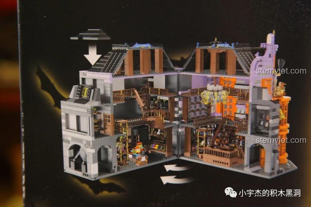 Sơ đồ mô tả cách mở hai nửa của mô hình Tòa nhà Hẻm Xéo 16041 để lộ nội thất.