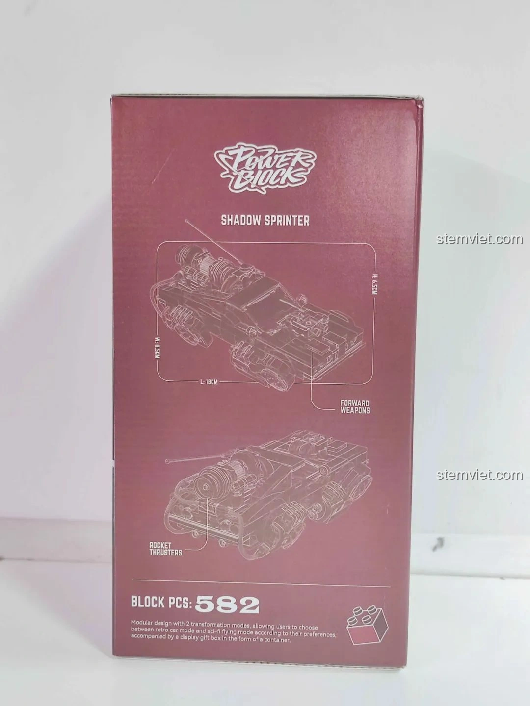 Mặt sau hộp Pinbo PB8801 Shadow Sprinter với thông tin chi tiết về số mảnh ghép (582 pcs) và các chế độ biến hình của xe.