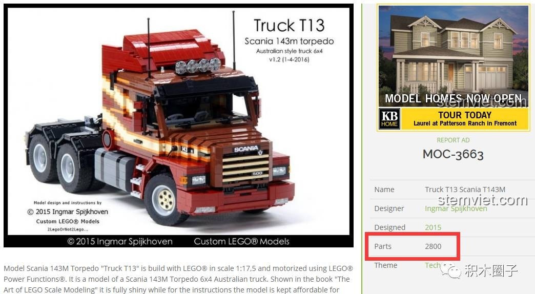 Thông tin về một mẫu MOC xe tải Scania T13 của Ingmar Spijkhoven với 2800 chi tiết, một ví dụ về độ phức tạp.