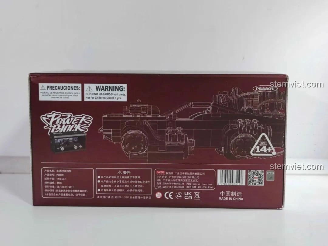 Mặt đáy hộp Pinbo PB8801 Shadow Sprinter với các thông tin cảnh báo, mã sản phẩm và chứng nhận an toàn, khuyến nghị độ tuổi 14+.