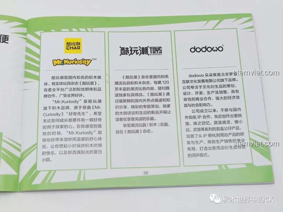 Thông tin về các thương hiệu hợp tác sản xuất bộ đồ chơi Chó Cải Thảo 12601, bao gồm Mr.Kuriosity và dodowo.