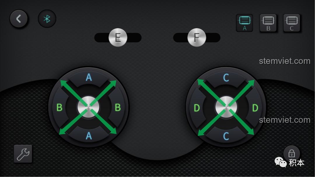 Minh họa tính năng gộp kênh trên App Mould King, giúp điều khiển đồng thời các kênh A+B và C+D.