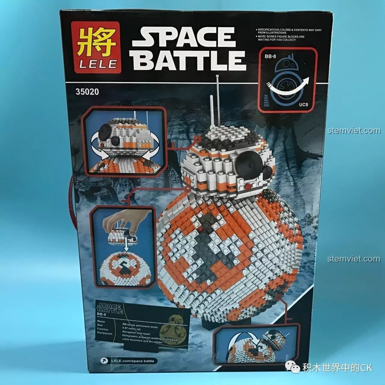 Mặt sau hộp đồ chơi mô hình Droid Astromech BB-8 LELE tiết kiệm, hiển thị các tính năng và chi tiết của sản phẩm.