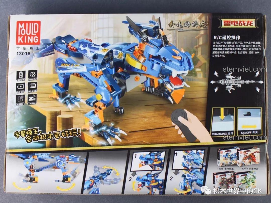 Mặt sau hộp Mould King 13018 Rồng Sét, mô tả các chức năng điều khiển từ xa và các bộ khác trong series.