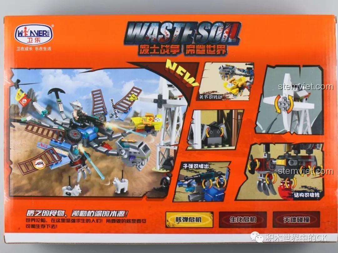 Mặt sau hộp bộ lắp ráp Winner 8056, mô tả các tính năng và cơ chế hoạt động của mô hình Rồng máy phế liệu.