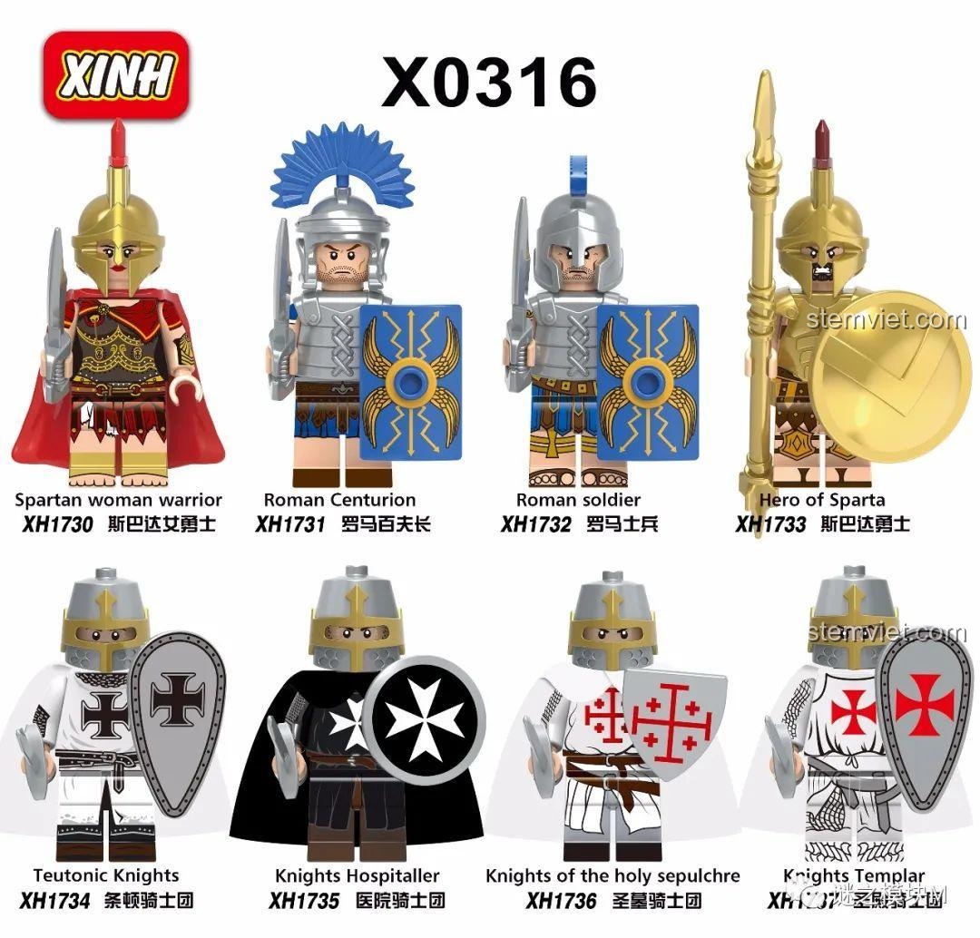 Tổng quan bộ 8 minifigure chiến binh lịch sử XINH X0316, bao gồm lính Sparta, La Mã và các hiệp sĩ. Đánh giá chi tiết bộ XINH 316.