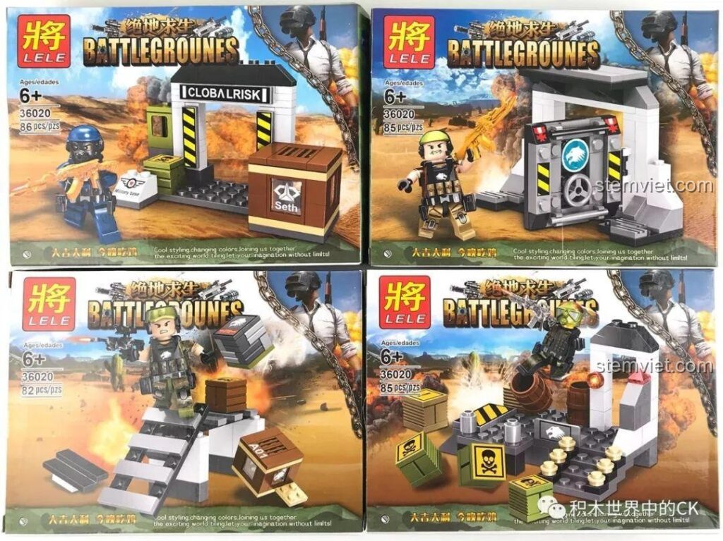 Tổng quan hộp bộ lắp ráp Chiến trường sinh tồn LELE 36020 với 4 mẫu cảnh quan quân sự riêng biệt.