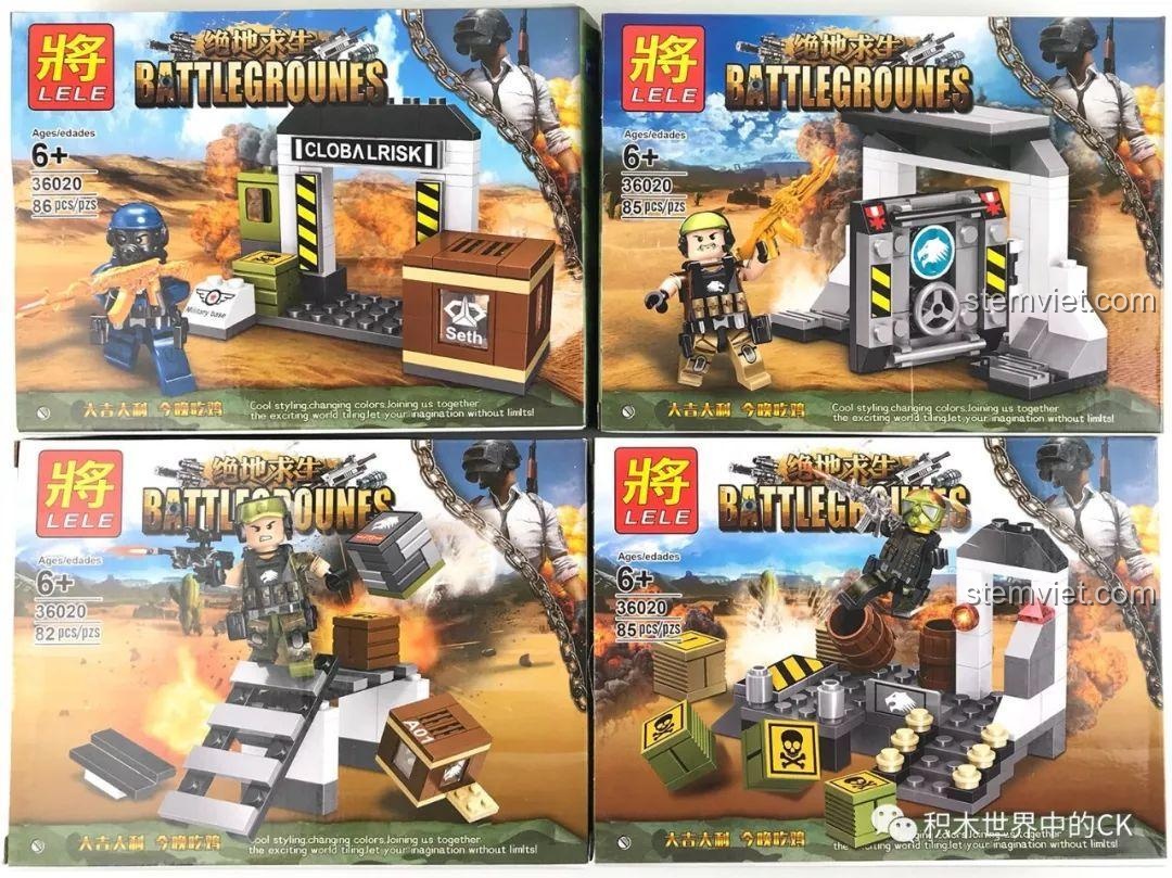 Tổng quan hộp bộ lắp ráp Chiến trường sinh tồn LELE 36020 với 4 mẫu cảnh quan quân sự riêng biệt.