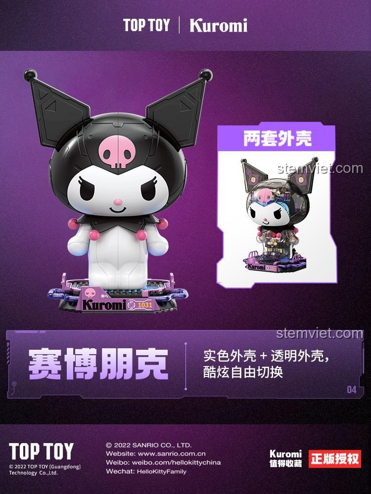 Bộ lắp ghép Kuromi bán cơ khí TOP TOY TC1803 với hai bộ vỏ ngoài (vỏ đặc và vỏ trong suốt), cho phép chuyển đổi phong cách linh hoạt, đồ chơi mô hình sáng tạo cho con gái 15 tuổi.