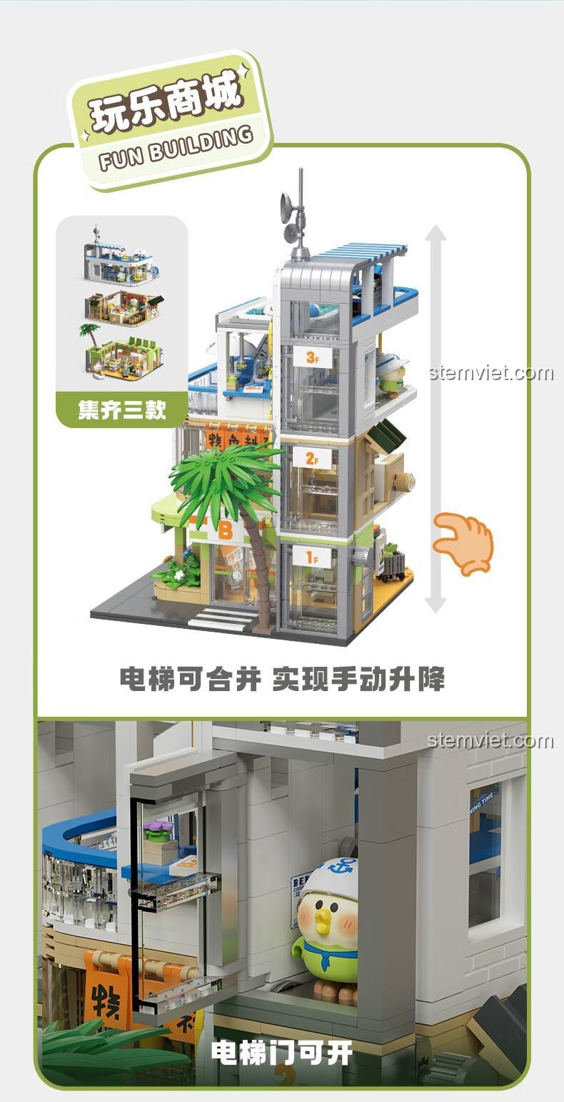 Chi tiết bên trong Quán Izakaya Tầng 2, sản phẩm TC2007, với bàn sushi xoay và đồ ăn phong phú, đồ chơi lắp ghép TC2007