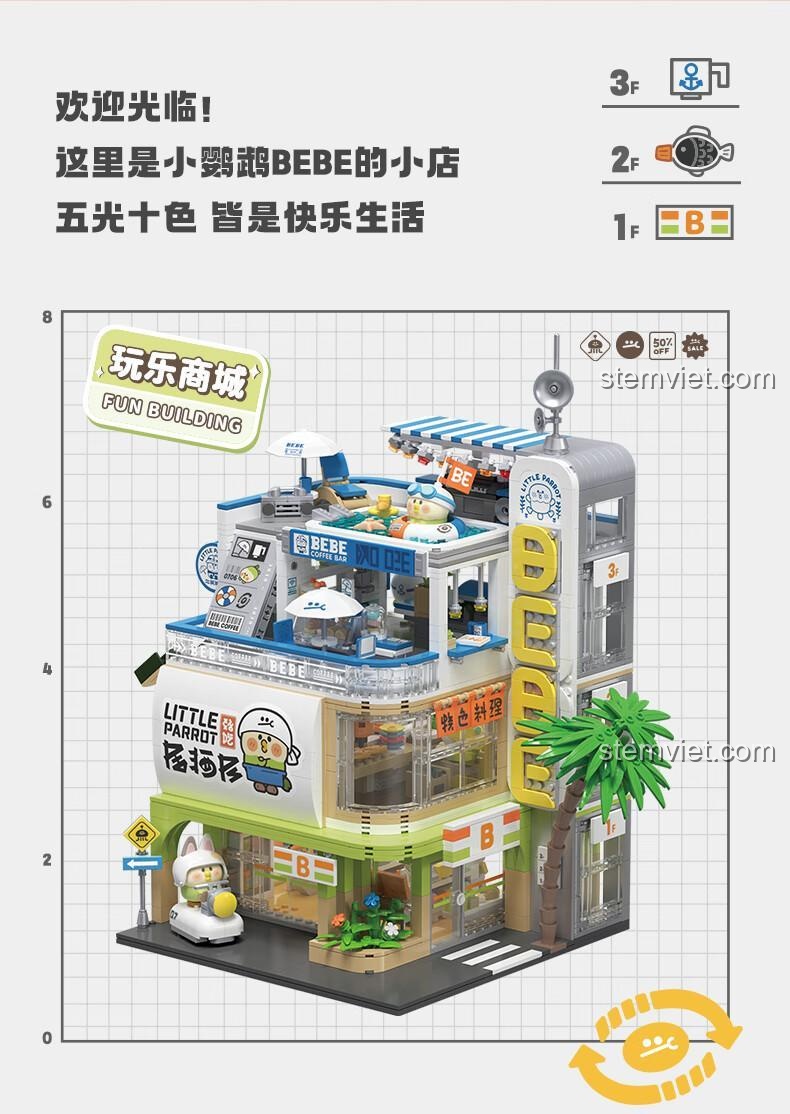 Toàn cảnh Trung tâm thương mại BEBE được lắp ráp từ các module, bao gồm Quán Izakaya TC2007, đồ chơi mô hình Trung tâm thương mại BEBE cho bé gái 8 tuổi