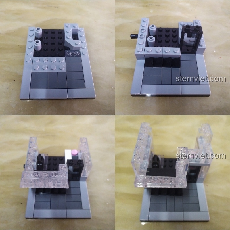 Quá trình lắp ráp bộ Sembo Block SD6026 với các mảnh ghép trong suốt tạo thành tường kính cho cửa hàng.