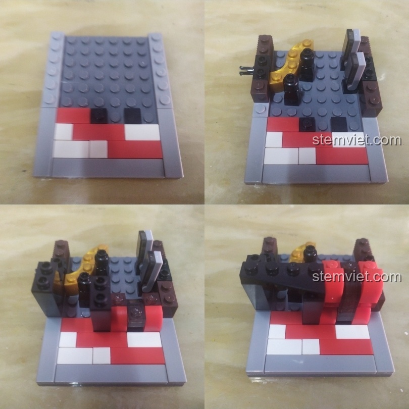 Các bước lắp ráp đầu tiên của mô hình cửa hàng mini Sembo Block SD6042, từ nền móng đến quầy thu ngân.
