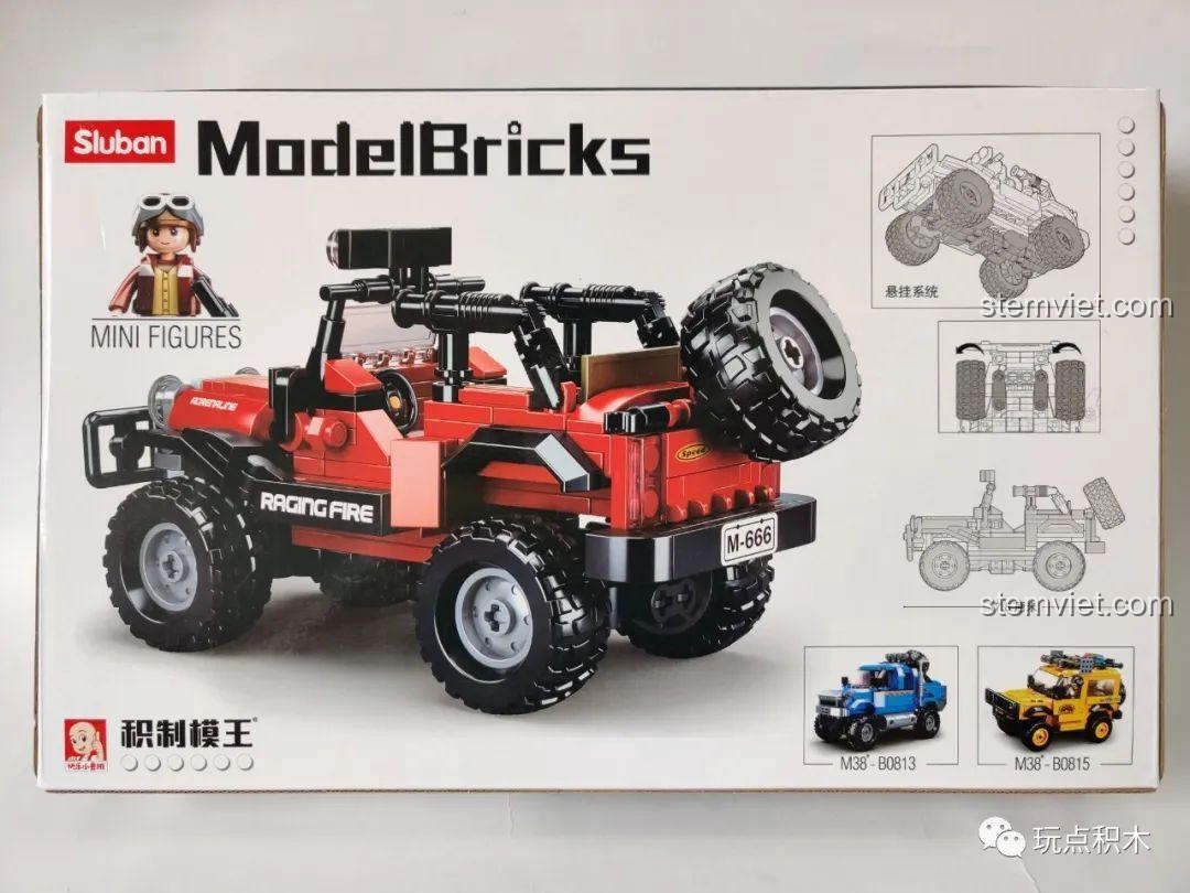 Mặt sau hộp bộ đồ chơi Sluban B0816 Xe Jeep Đồ Chơi, hiển thị kích thước mô hình và các tính năng chi tiết.