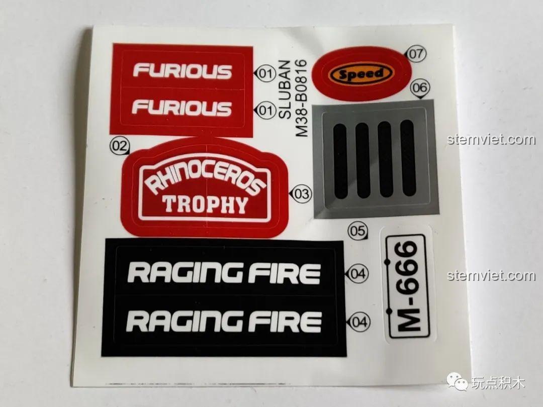 Tờ sticker với các họa tiết 'Furious', 'Raging Fire' và số 'M-666' cho bộ lắp ghép Sluban M38 B0816 Xe Jeep Địa Hình.
